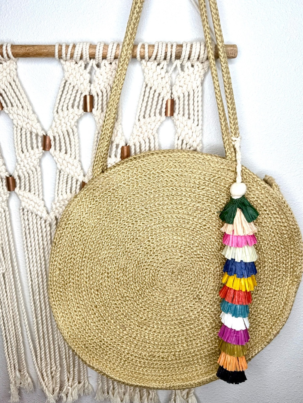 Magid Tote Circle purse round jute boho bag vibrant multi-color raffia tassel